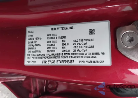 2024 Tesla Model 3 Performance из США, поврежденный, VIN 5YJ3E1ET4RF793857